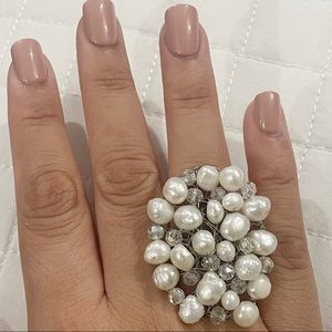 White & Silver Crystal Ring with Faux Pearls